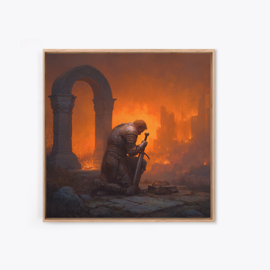 Knight Praying Beside Sword In Burning Ruins, Dark Fantasy Wall Art, Medieval Canvas Print, Gothic Castle Decor Gift For Him