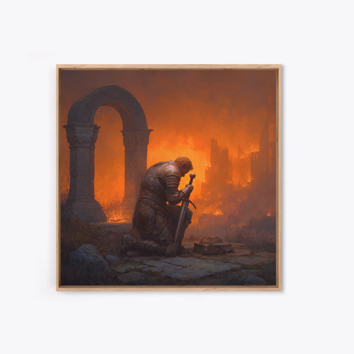 Knight Praying Beside Sword In Burning Ruins, Dark Fantasy Wall Art, Medieval Canvas Print, Gothic Castle Decor Gift For Him