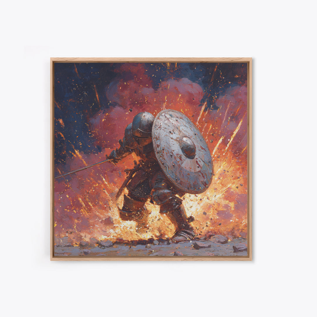 Shielded Knight Charging Through Exploding Fire, Dark Fantasy Wall Art, Medieval Battle Canvas Print, Gothic Game Room Decor