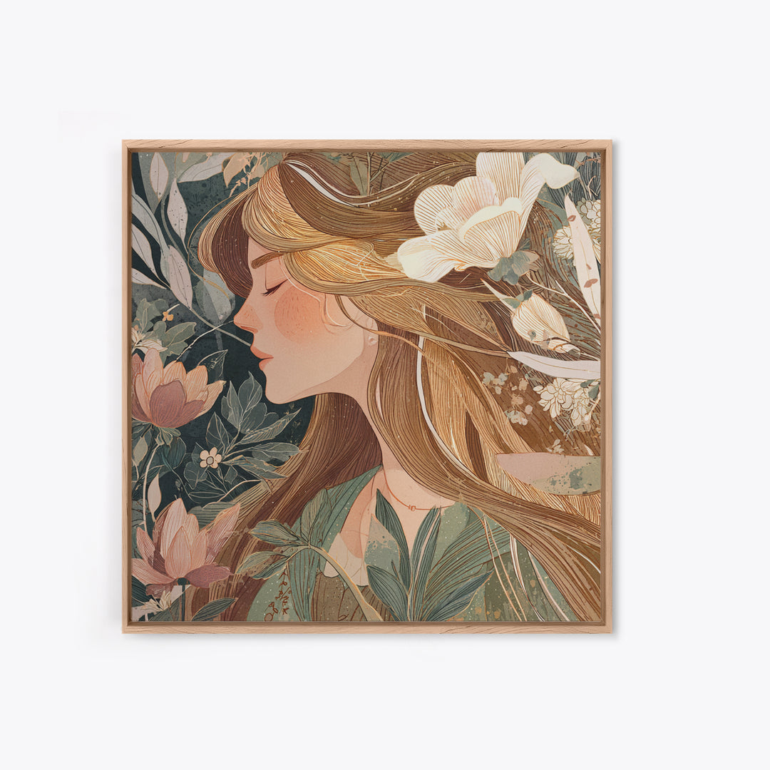 Blonde Woman In Blooming Garden Wall Art, Art Nouveau Floral Canvas Print, Feminine Botanical Decor, Romantic Bedroom Art