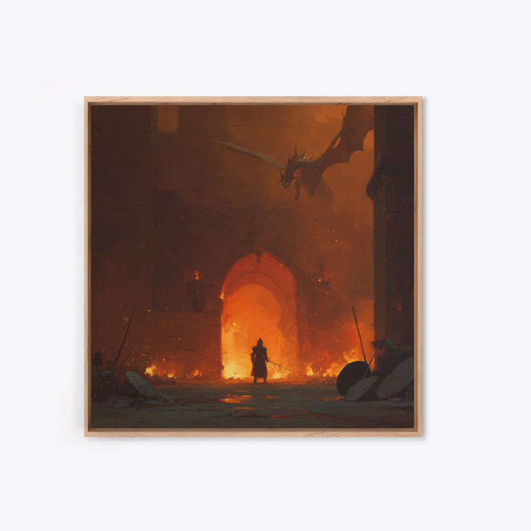 Dragon Above Burning Castle Gate Framed Canvas Print, Dark Fantasy Wall Art, Medieval Warrior Decor, Gothic Game Room Poster
