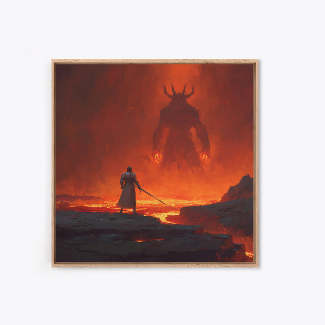 Knight Facing Fiery Demon In Lava Realm Canvas Print, Dark Fantasy Wall Art, Gothic Battle Decor, Epic Gaming Room Poster