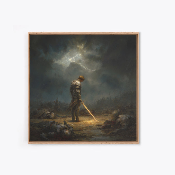 Stormlit Knight With Glowing Sword Wall Art, Dark Fantasy Battlefield Print, Gothic Medieval Decor, Dramatic Office Wall Art