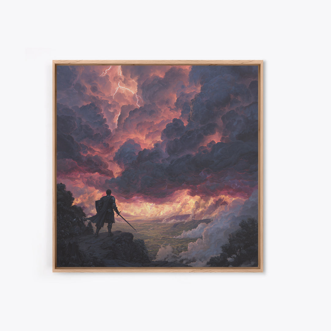 Warrior Beneath Thundercloud Sky Canvas Print, Dramatic Fantasy Landscape Wall Art, Lightning Storm Decor, Moody Wall Decor