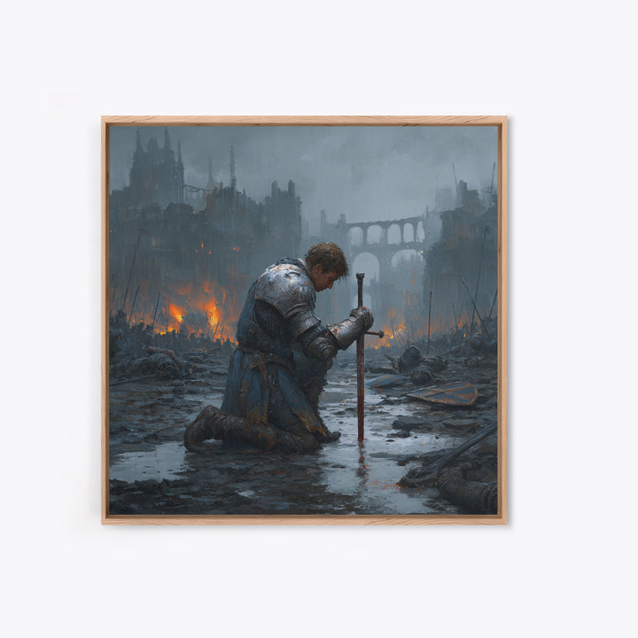 Kneeling Knight In Rainy Ruins Framed Canvas Print, Dark Fantasy Wall Art, Medieval Castle Decor, Moody Battlefield Art Print