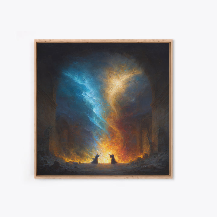 Twin Mages Casting Blue Gold Spell Canvas Print, Fantasy Magic Wall Art, Mystical Abstract Energy Decor, Wizard Wall Art