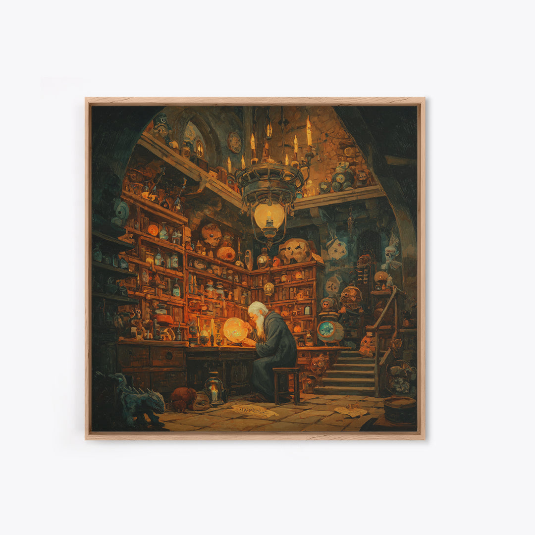 Old Wizard In Magical Curiosity Shop Wall Art, Fantasy Library Decor, Whimsical Alchemist Canvas, Dark Academia Home Decor Print