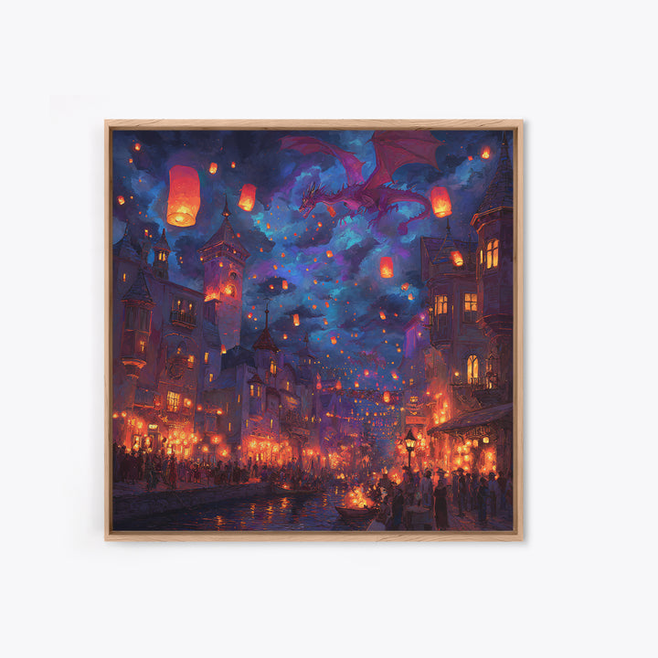 Purple Dragon Over Lantern Festival Wall Art, Whimsical Fantasy City Canvas, Magical Night Decor, Colorful Kids Room Poster