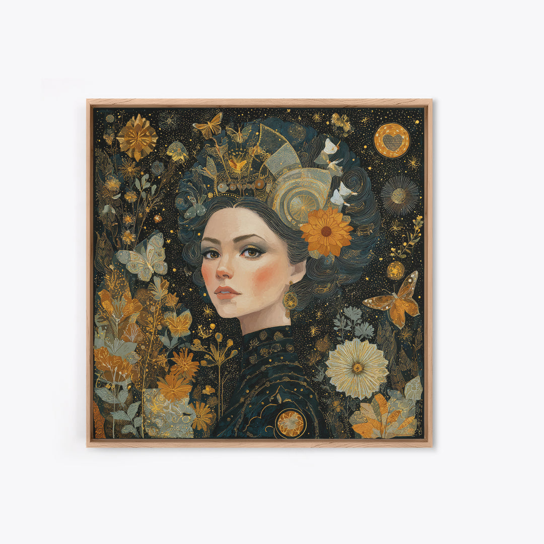 Art Nouveau Woman With Gold Flowers Canvas Print, Feminine Celestial Wall Art, Botanical Portrait Decor, Elegant Gift For Her