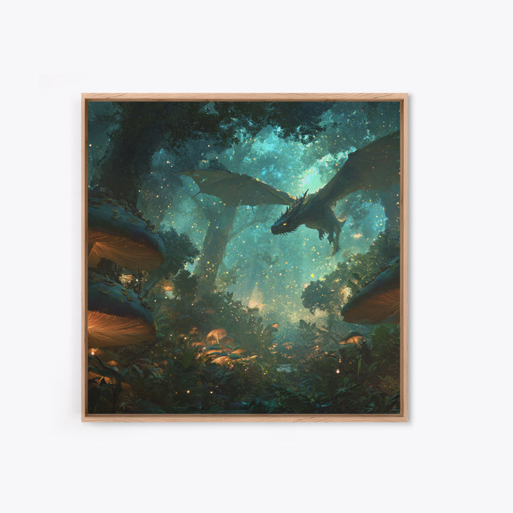 Enchanted Forest Dragon With Glowing Mushrooms Wall Art, Fantasy Canvas Print, Magical Woodland Decor, Gamer Room Decor Gift