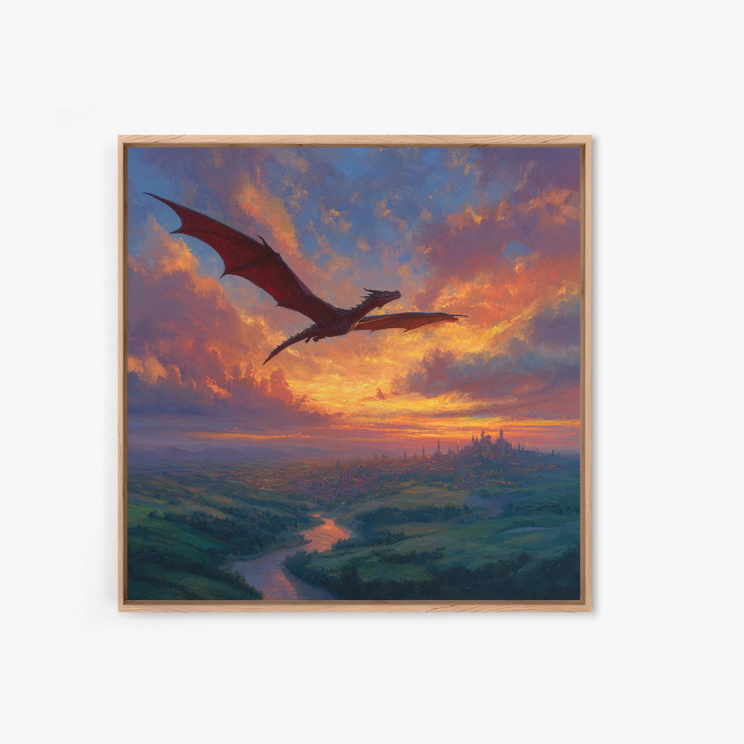 Red Dragon Flying Over Sunset Kingdom Canvas Print, Fantasy Landscape Wall Art, Castle Decor, Epic Gamer Room Gift For Him