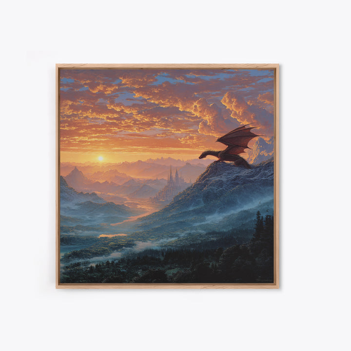 Mountain Dragon Watching Sunrise Kingdom Wall Art, Fantasy Landscape Canvas Print, Castle Decor, Epic Adventure Gift For Gamers