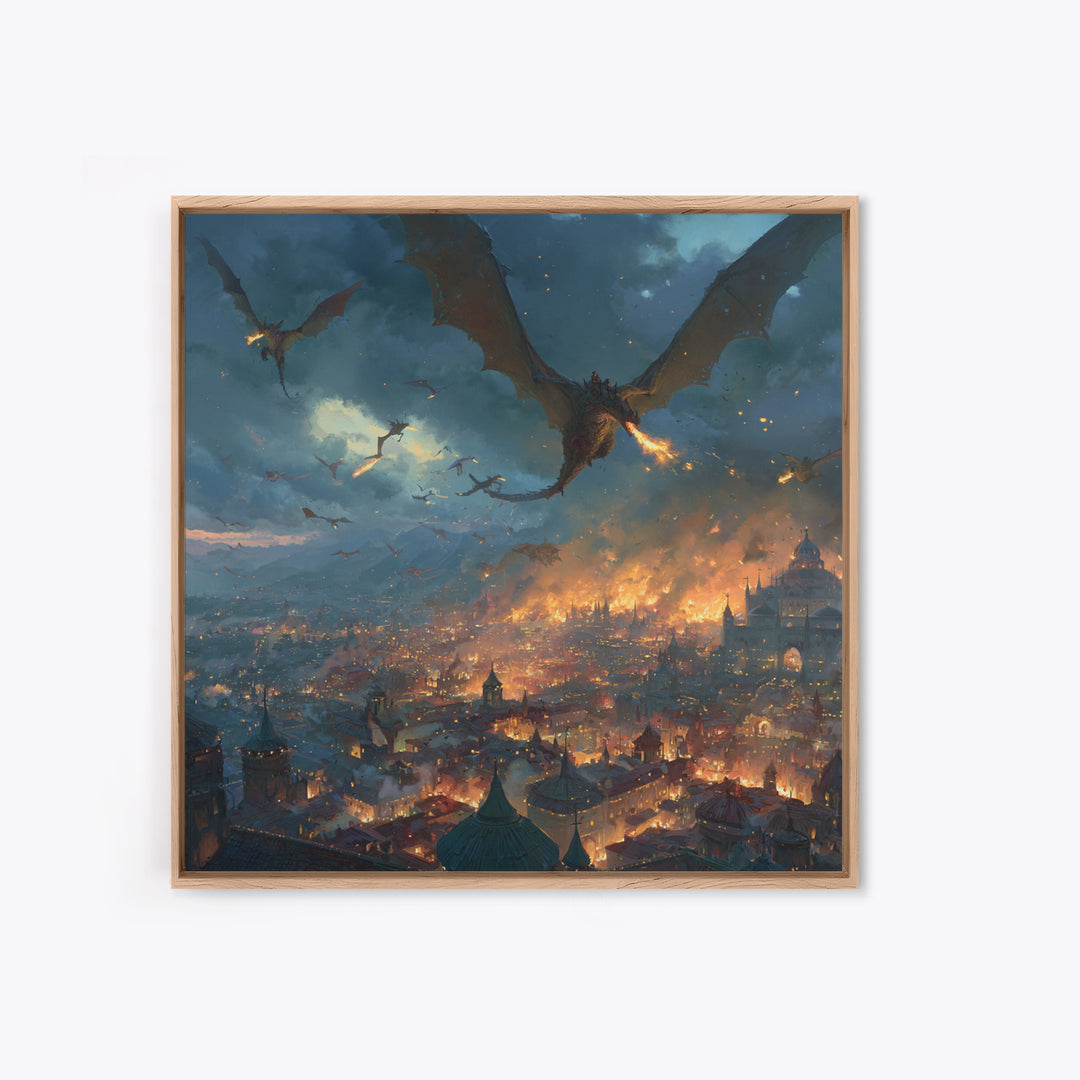 Fire Breathing Dragons Attacking Burning City Canvas Print, Dark Fantasy Wall Art, Medieval Battle Decor, Gamer Room Gift