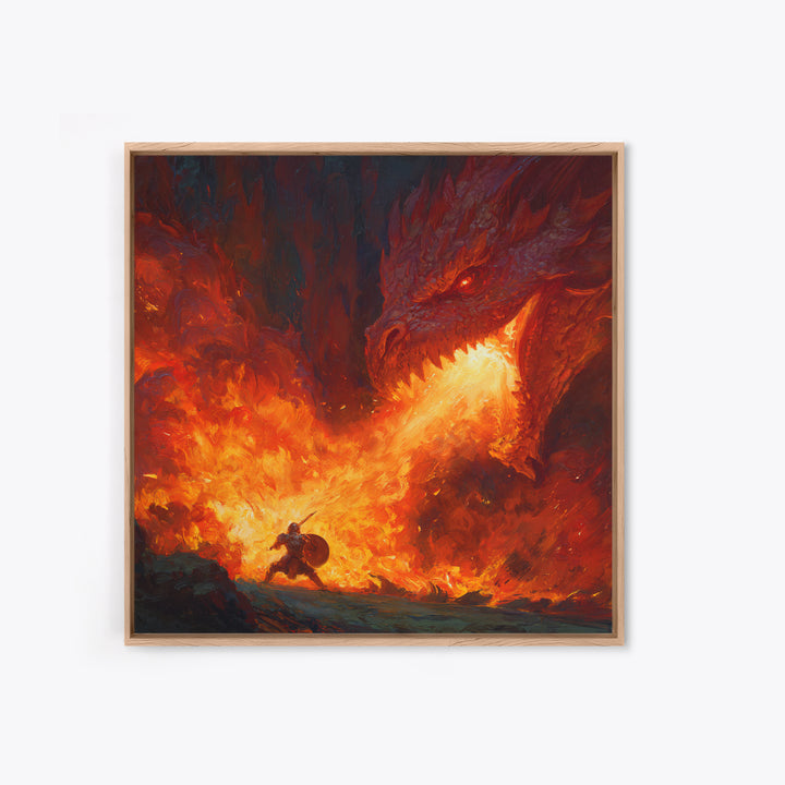 Red Dragon Breathing Fire At Brave Knight Wall Art, Dark Fantasy Canvas Print, Epic Medieval Battle Decor, Gamer Gift For Him