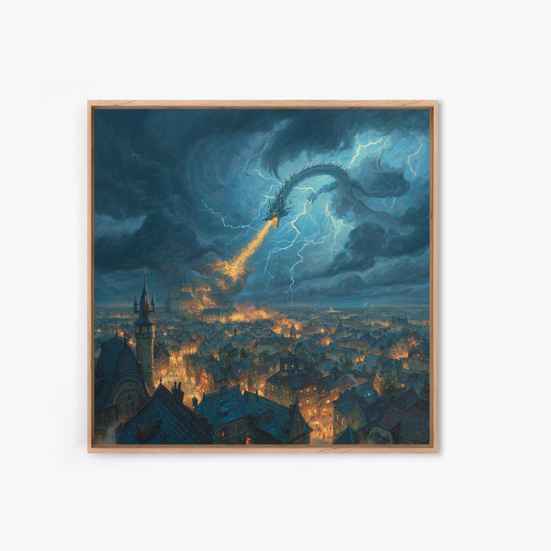Lightning Dragon Over Stormy Medieval City Canvas Print, Dark Fantasy Wall Art, Dramatic Castle Decor, Gamer Room Gift For Him