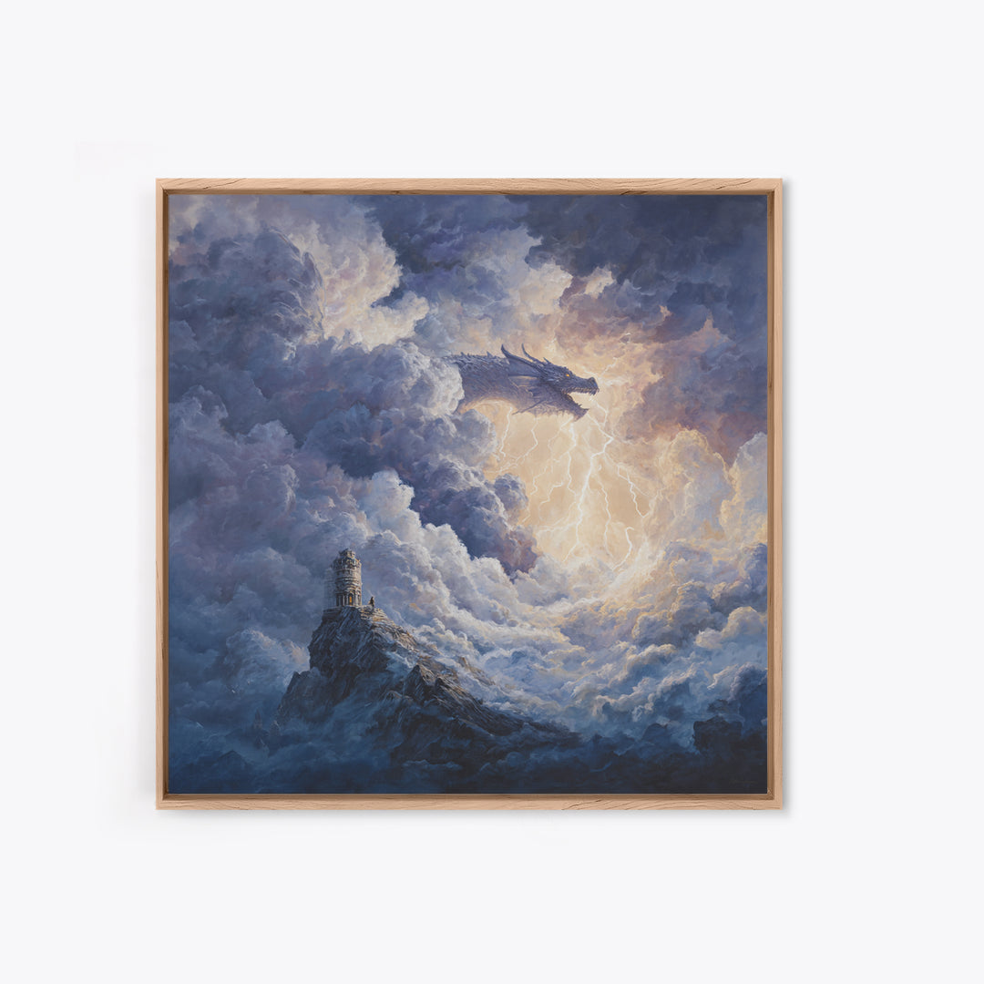 Storm Cloud Dragon With Lightning Above Lonely Tower Wall Art, Dark Fantasy Canvas Print, Gothic Castle Decor, Moody Art Gift