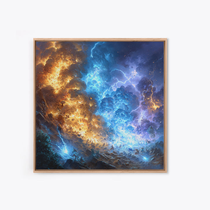 Blue And Gold Elemental Storm Battle Wall Art, Fantasy Canvas Print, Lightning Fire Landscape, Dramatic Gamer Room Decor