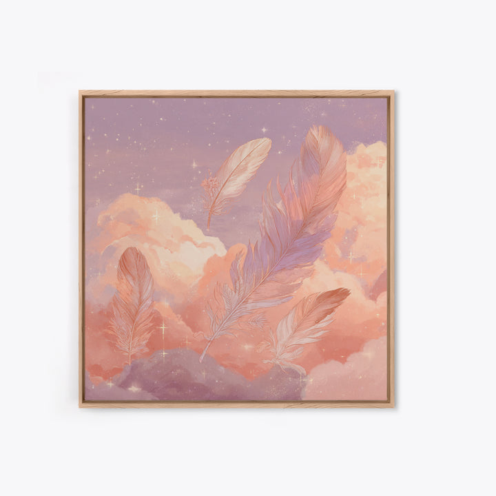 Pink Feathers Floating In Peach Clouds Canvas Print, Celestial Wall Decor, Dreamy Pastel Nursery Art, Whimsical Gift For Her
