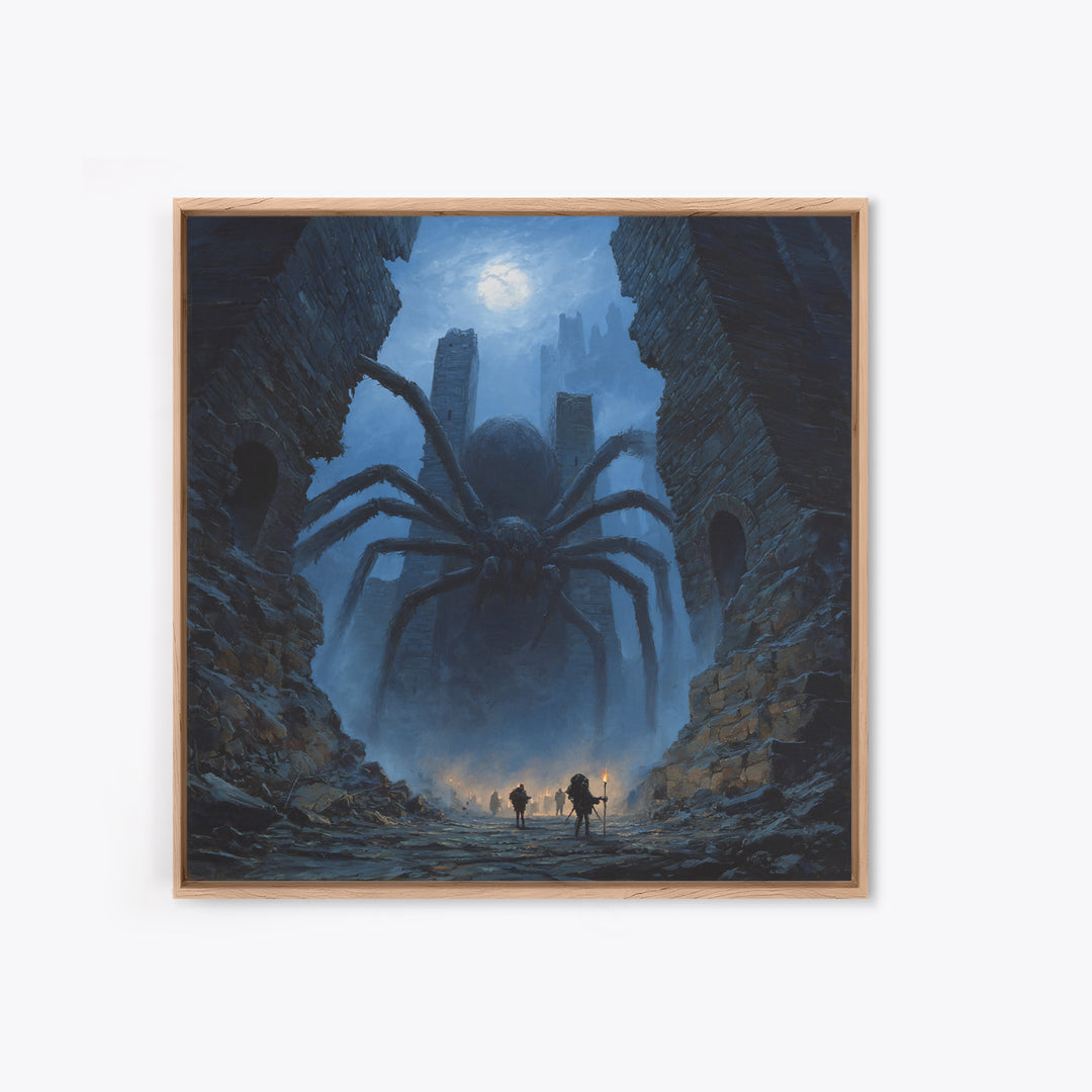 Giant Spider In Moonlit Ruins Wall Art, Dark Fantasy Canvas Print, Gothic Dungeon Decor, Creepy Adventure Gift For Gamers