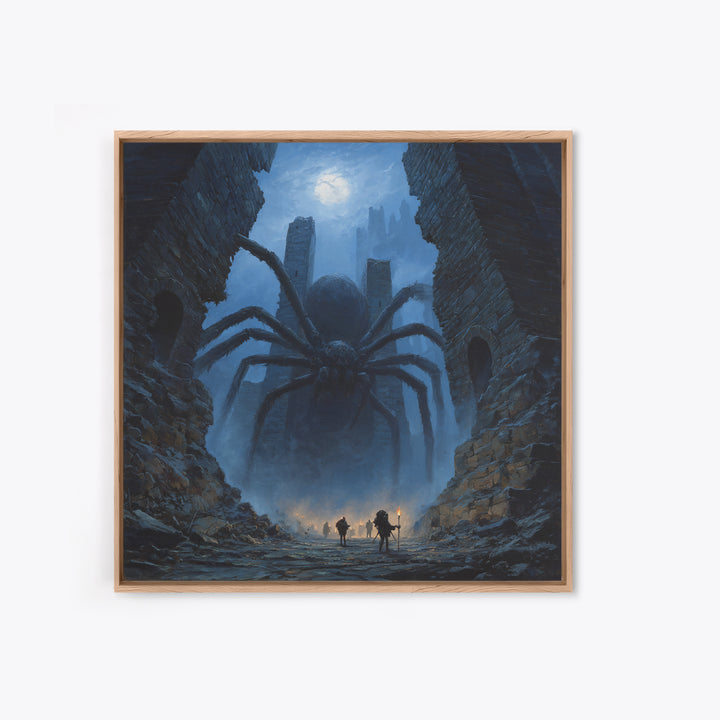 Giant Spider In Moonlit Ruins Wall Art, Dark Fantasy Canvas Print, Gothic Dungeon Decor, Creepy Adventure Gift For Gamers