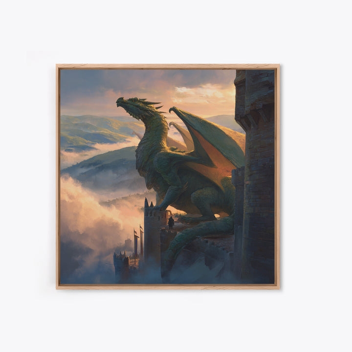 Majestic Dragon On Castle Tower Framed Canvas Print, Fantasy Wall Art, Mountain Landscape Decor, Medieval Adventure Gift