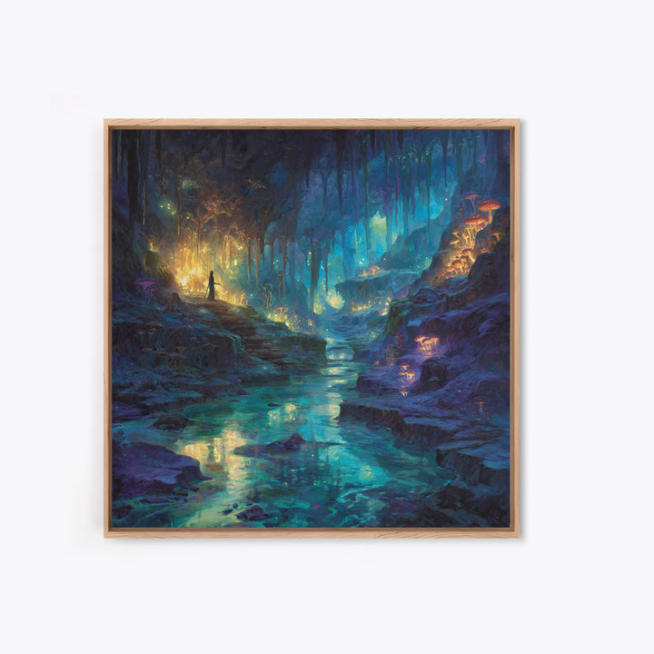 Glowing Crystal Cave River Wall Art, Fantasy Canvas Print, Bioluminescent Mushroom Decor, Magical Landscape Gift For Her