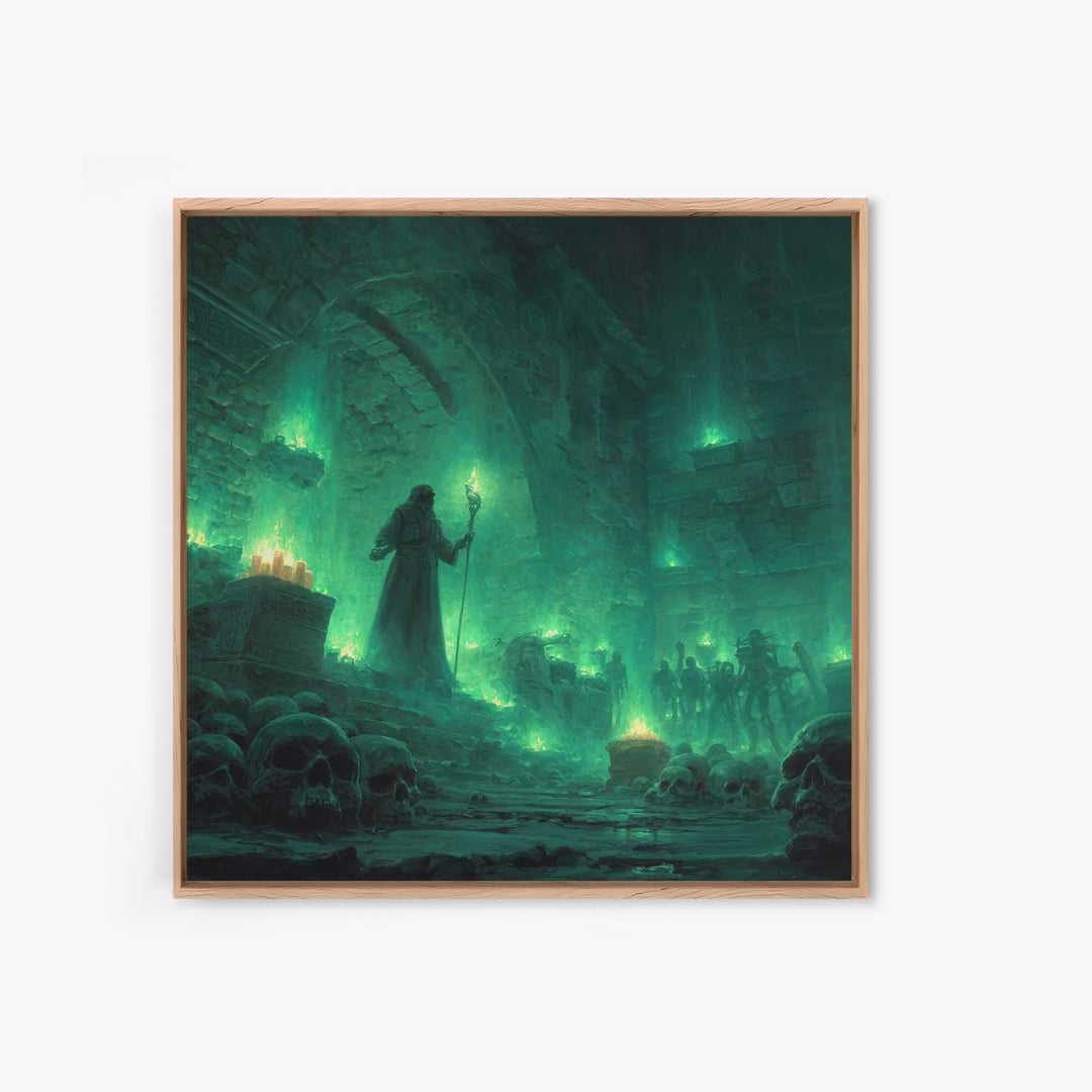 Necromancer Crypt With Skulls Wall Art, Dark Fantasy Canvas Print, Gothic Dungeon Decor, Witchy Occult Art Gift For Man Cave
