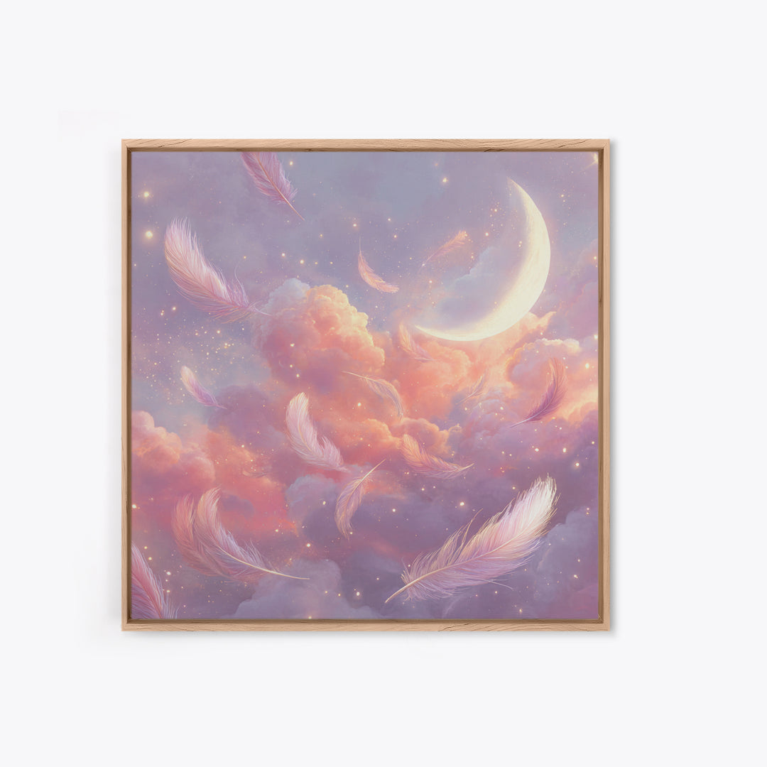 Crescent Moon And Floating Feathers Framed Canvas Print, Celestial Wall Art, Dreamy Cloud Decor, Pastel Nursery Gift For Her