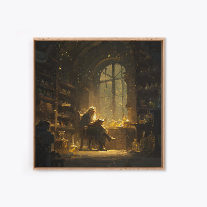 Wizard Reading In Golden Alchemy Library Wall Art, Dark Academia Fantasy Art Print, Magical Home Office Decor Gift For Readers