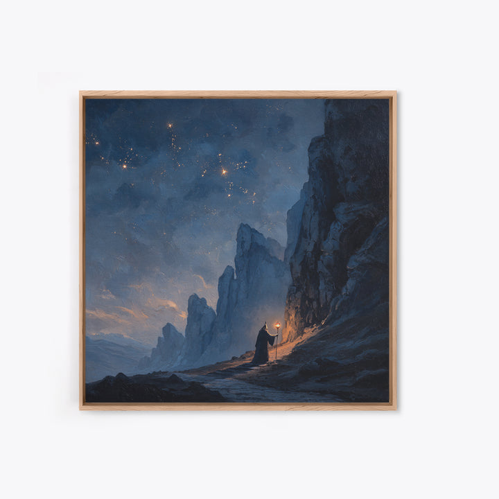 Lone Wizard On Starlit Mountain Path Canvas Print, Moody Fantasy Landscape Art, Dark Academia Office Wall Decor For Study Room