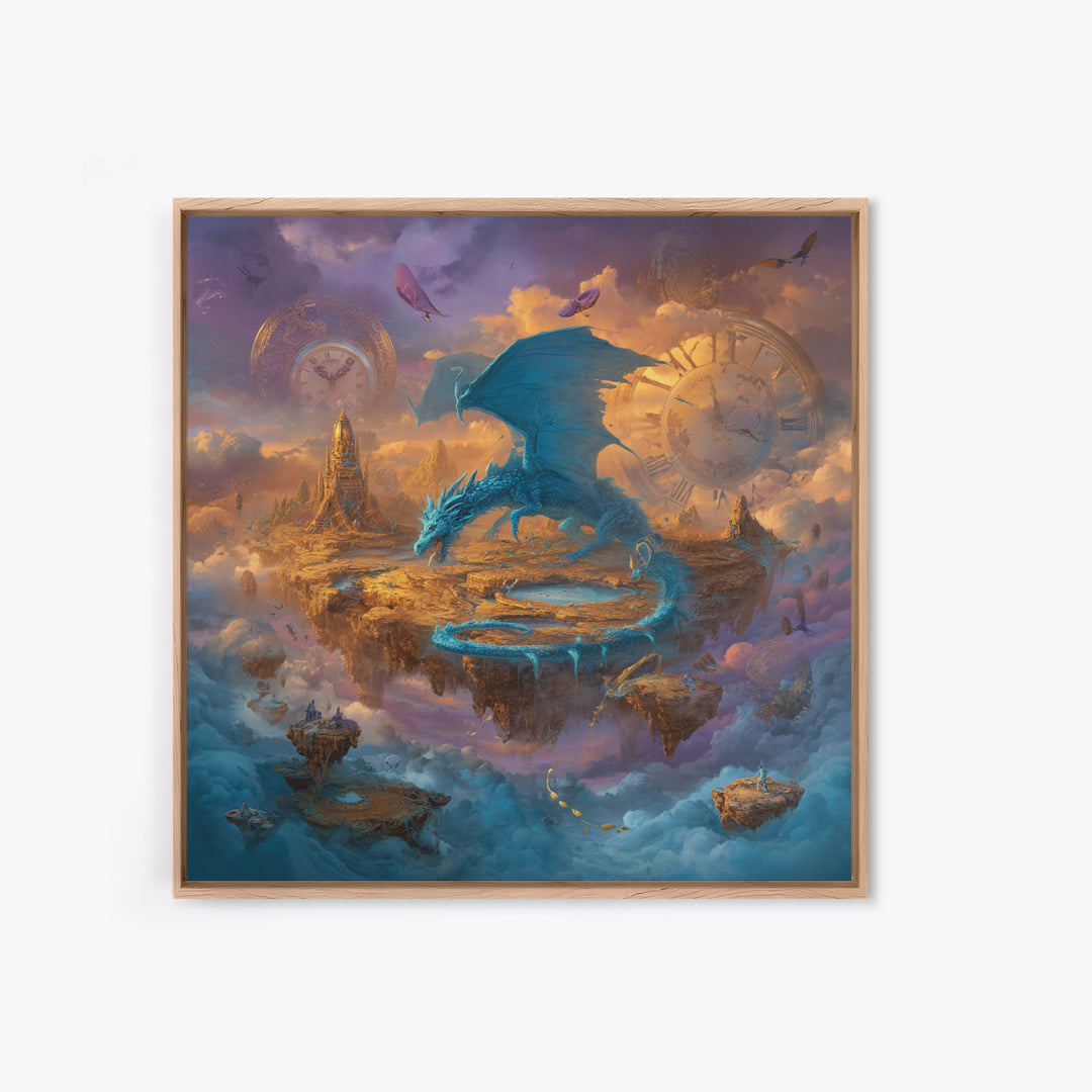 Blue Dragon Over Floating Clockwork Islands Wall Art, Epic Fantasy Canvas Print, Surreal Sky Castle Gaming Room Decor Gift