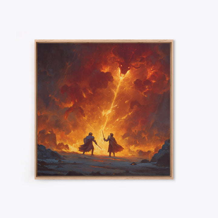Heroes Battling Fire Demon In Inferno Wall Art, Dark Fantasy Canvas Print, Epic Dungeons And Dragons Gaming Room Decor Gift