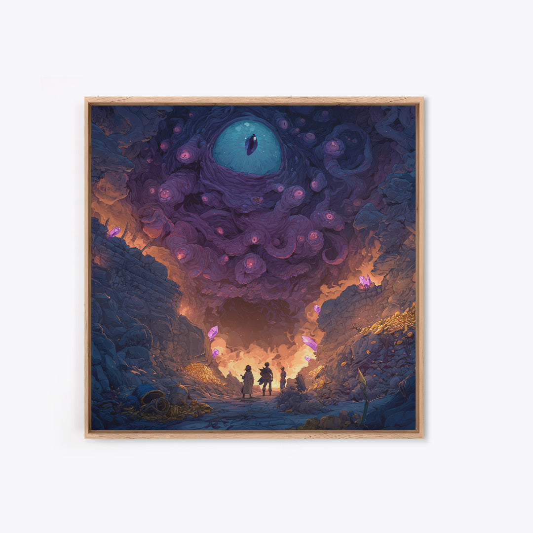 Adventurers Beneath Giant Cosmic Eye Canvas Print, Surreal Dark Fantasy Wall Art, Dungeon Cave Gaming Room Decor Gift For Him