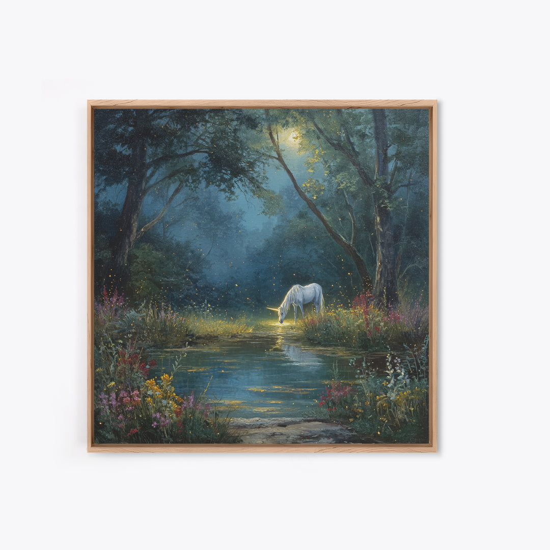 White Unicorn By Moonlit Forest Stream Wall Art, Enchanted Woodland Fantasy Canvas Print, Dreamy Nursery Decor Gift For Kids Room