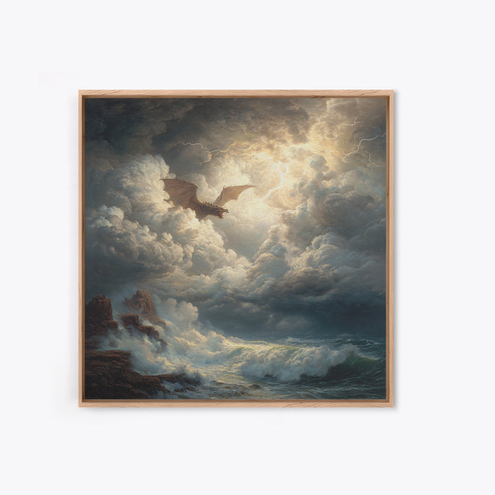 Dragon Flying Through Lightning Storm Over Ocean Wall Art, Dark Fantasy Seascape Canvas Print, Nautical Gothic Decor Gift