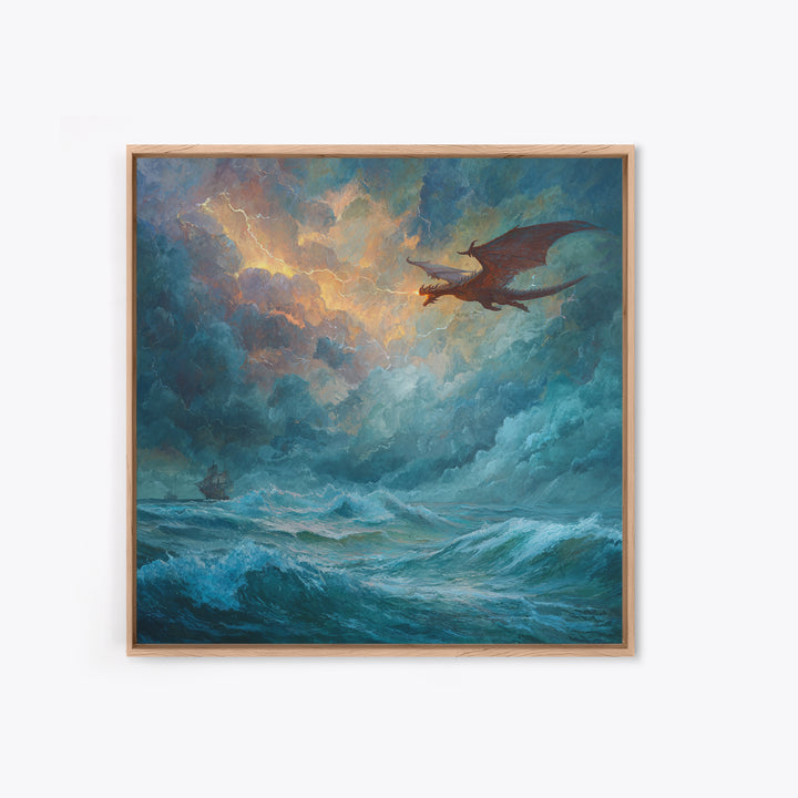 Red Dragon Soaring Above Stormy Ocean Canvas Print, Epic Fantasy Seascape Wall Art, Gothic Nautical Living Room Decor Gift