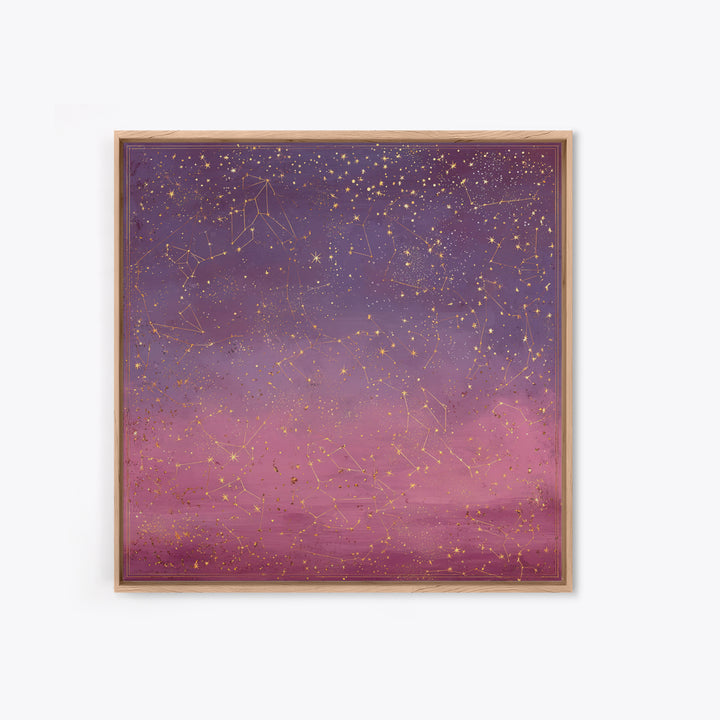 Golden Zodiac Constellation Sky Wall Art, Astrology Poster, Celestial Wall Decor, Mystical Purple Bedroom Art Print Gift