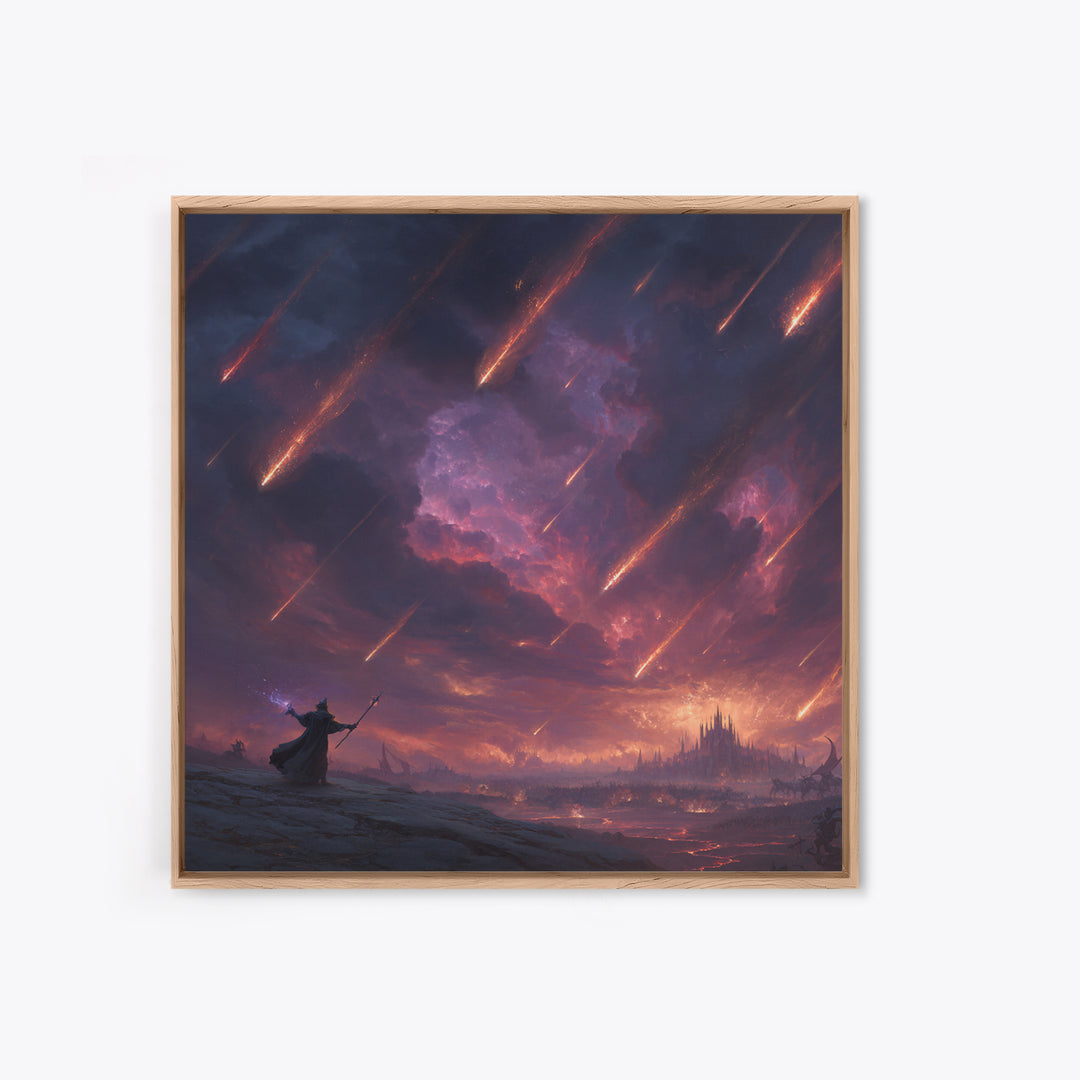 Meteor Storm Wizard Fantasy Wall Art, Dark Castle Canvas Print, Apocalyptic Sky, Gothic Gaming Room Decor, Unique Gift For Him