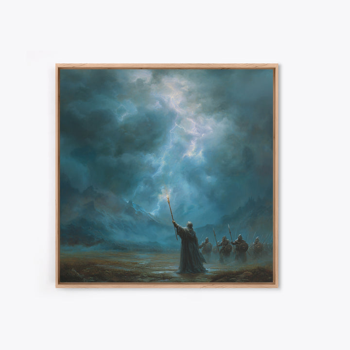 Storm Wizard Raising Lightning Wall Art, Epic Fantasy Canvas Print, Blue Mountain Battle Scene, Dark Academia Office Decor