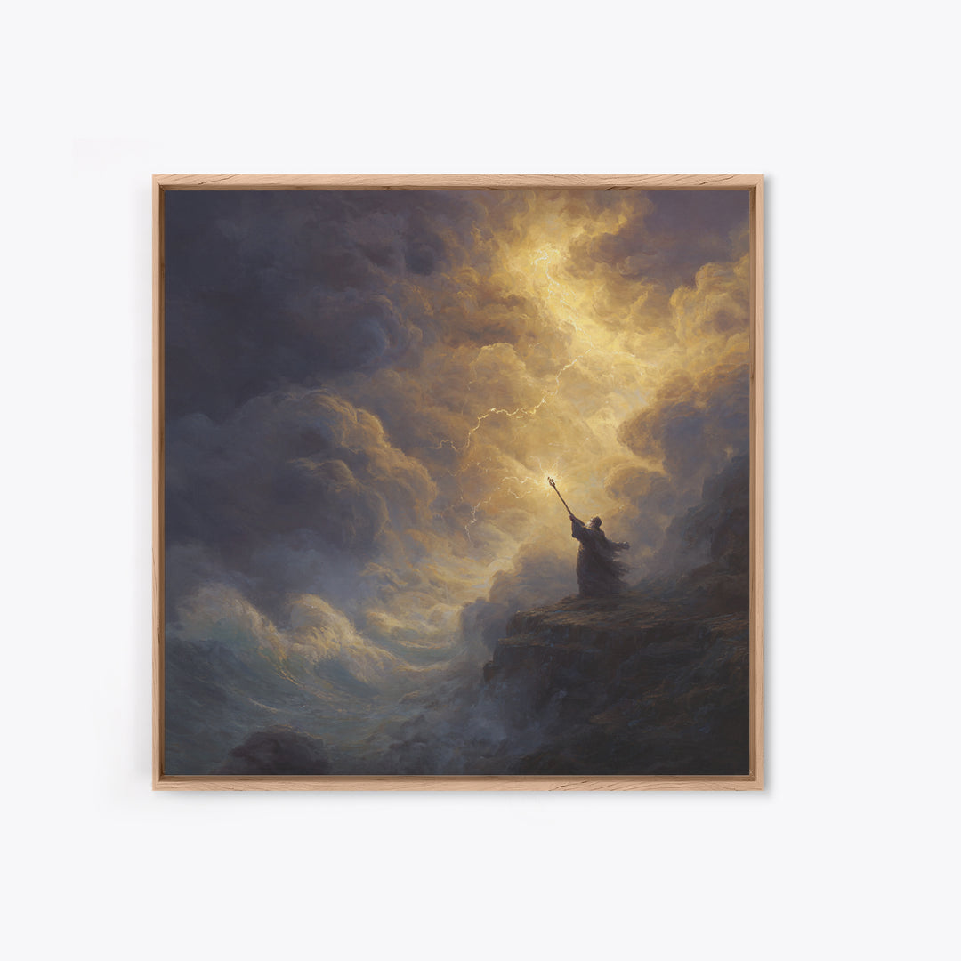 Golden Lightning Wizard Seascape Wall Art, Stormy Ocean Framed Canvas Print, Mythological Fantasy Decor, Moody Fine Art Gift