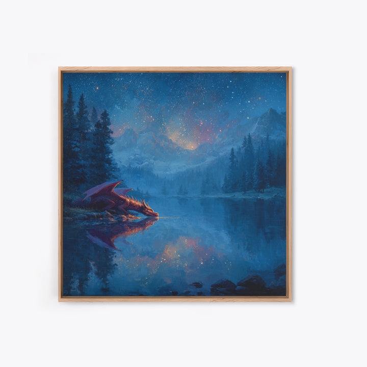 Starlit Dragon Lake Fantasy Wall Art, Blue Mountain Canvas Print, Celestial Nursery Decor, Magical Kids Room Art Gift For Dragon Lovers