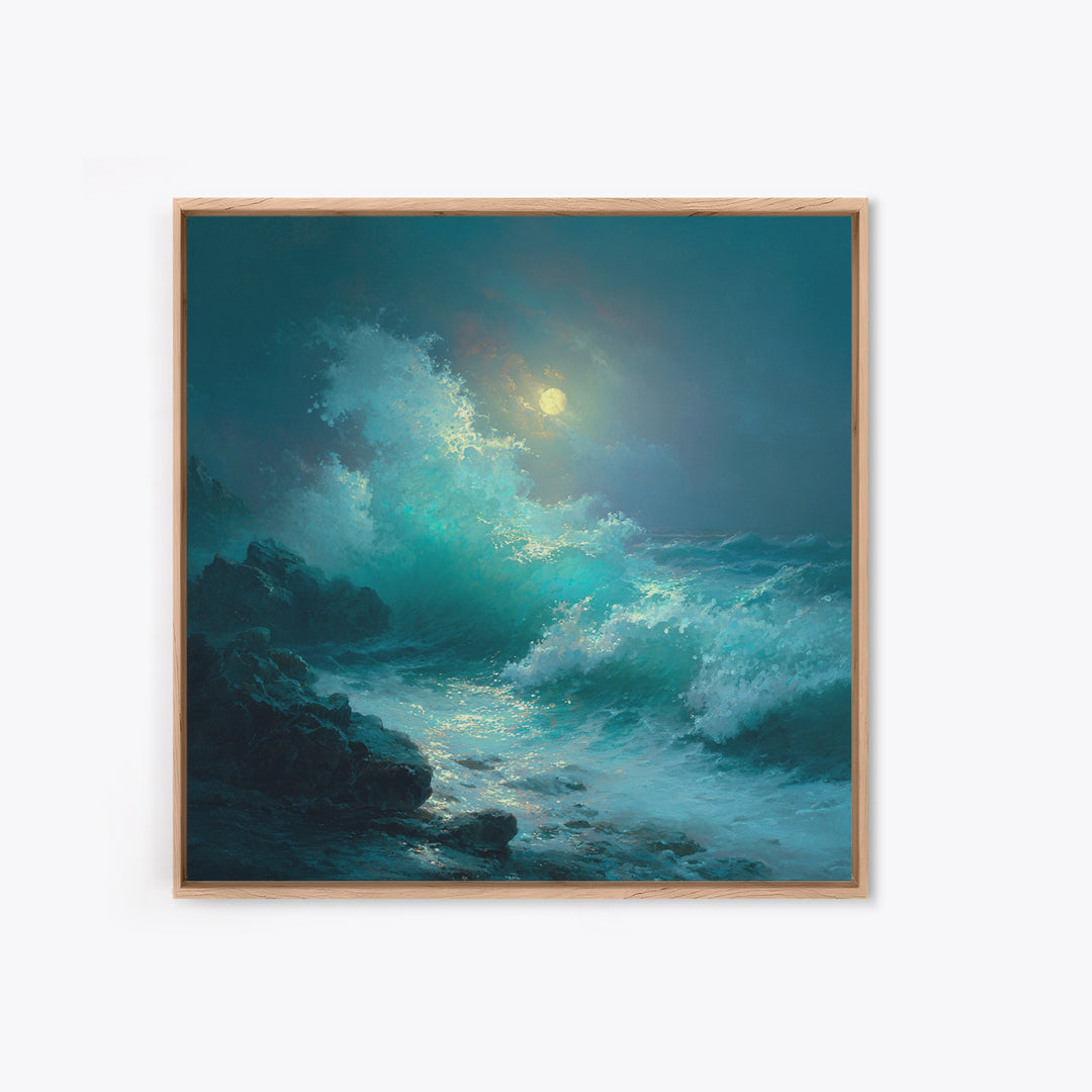 Moonlit Turquoise Wave Seascape Wall Art, Ocean Canvas Print, Coastal Bathroom Decor, Nautical Living Room Art Gift For Beach House