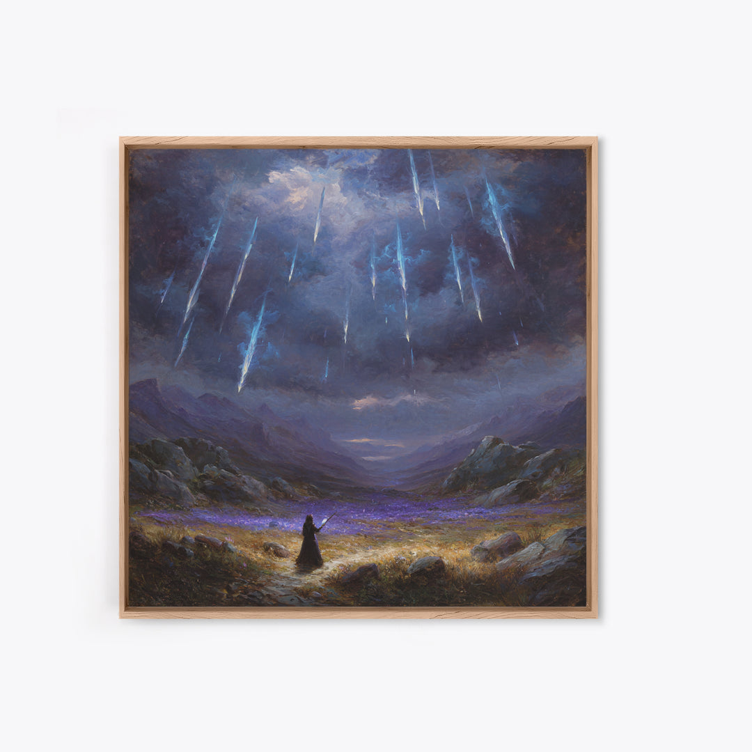 Icy Meteor Valley Wizard Wall Art, Dark Fantasy Framed Canvas Print, Mountain Landscape Decor, Gothic Office Art Gift For Him