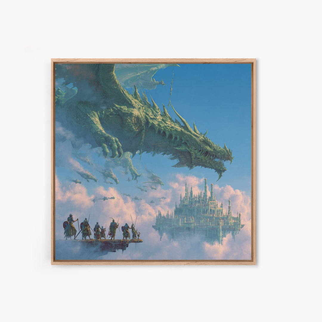 Giant Dragon Over Sky Castle Wall Art, Epic Fantasy Canvas Print, Floating Kingdom Decor, Gaming Room Statement Artwork Gift
