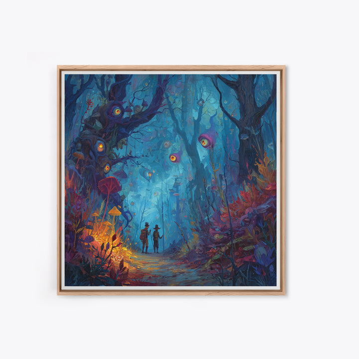 Glowing Eyed Enchanted Forest Wall Art, Whimsical Fantasy Canvas Print, Mushroom Kids Room Decor, Magical Nursery Gift For Her
