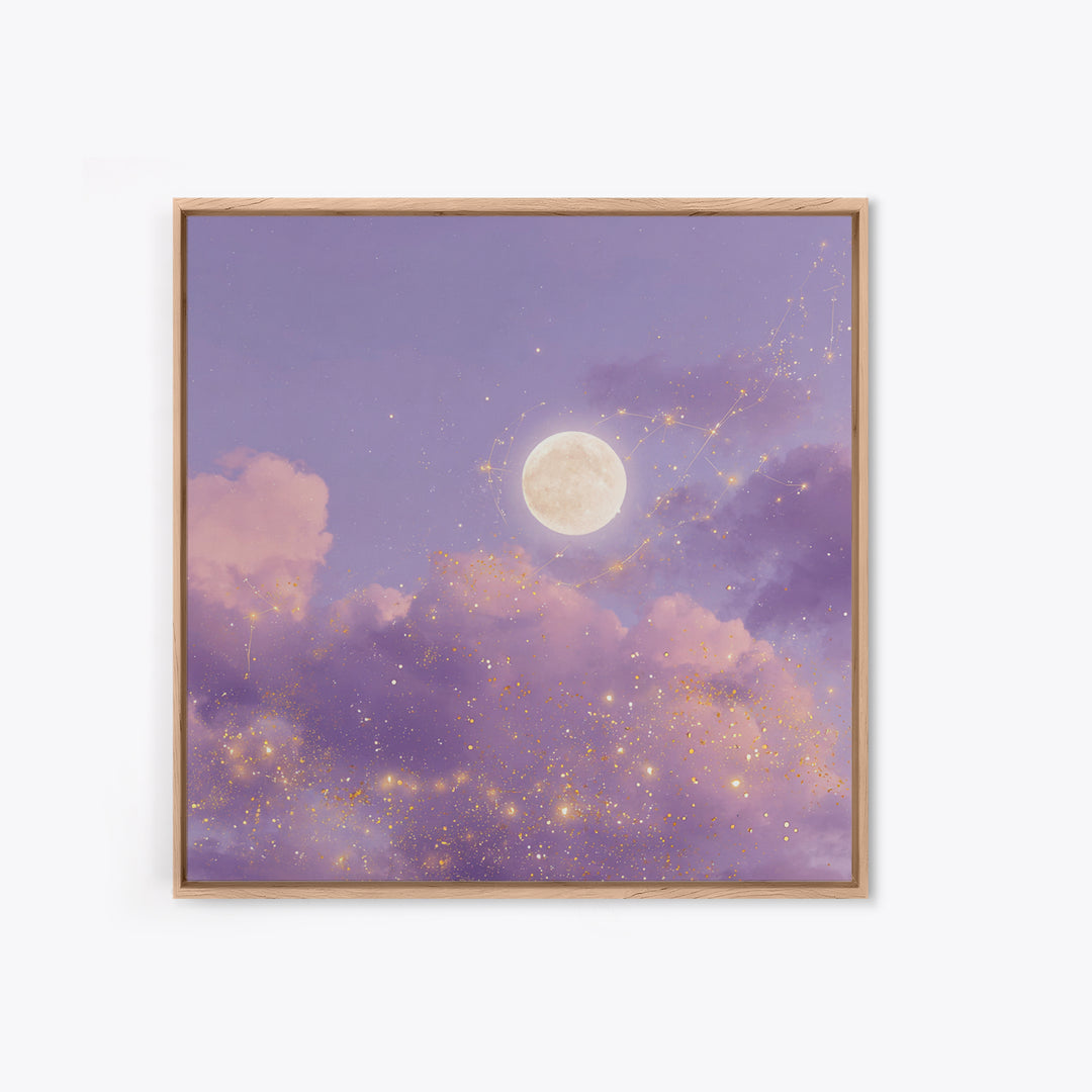 Full Moon With Golden Constellations Wall Art, Celestial Canvas Print, Purple Cloud Decor, Mystical Bedroom Gift For Her