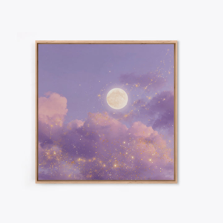 Full Moon With Golden Constellations Wall Art, Celestial Canvas Print, Purple Cloud Decor, Mystical Bedroom Gift For Her