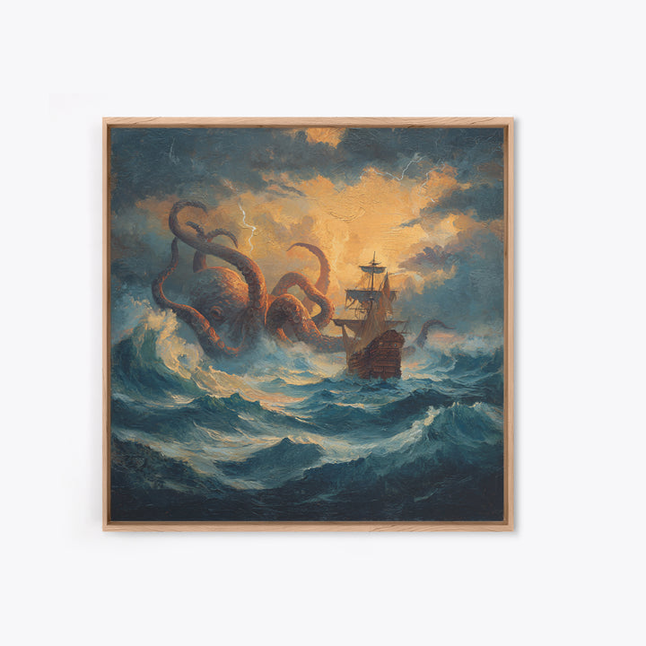 Storm Kraken And Tall Ship In Tempest Seas Canvas Print, Nautical Fantasy Wall Art, Ocean Monster Decor, Gift For Him, Coastal Home Decor