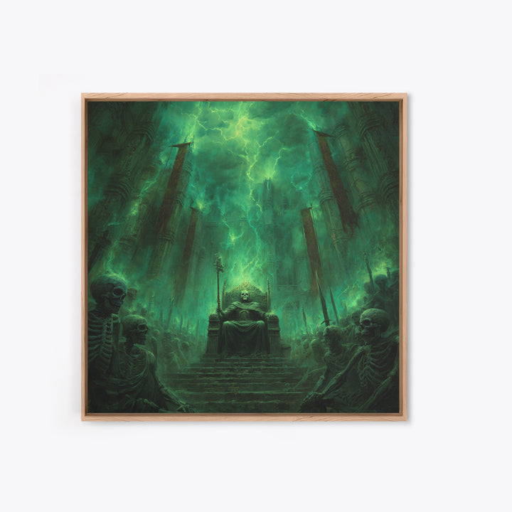 Emerald Necromancer Throne With Skeleton Army Framed Canvas Print, Gothic Wall Art, Dark Fantasy Decor, Occult Office Art