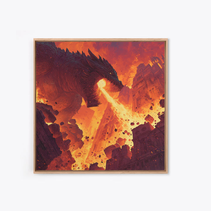 Fire Breathing Dragon Over Ruined City Canvas Print, Epic Fantasy Wall Art, Dystopian Decor, Gaming Room Statement Art, Gift For Him